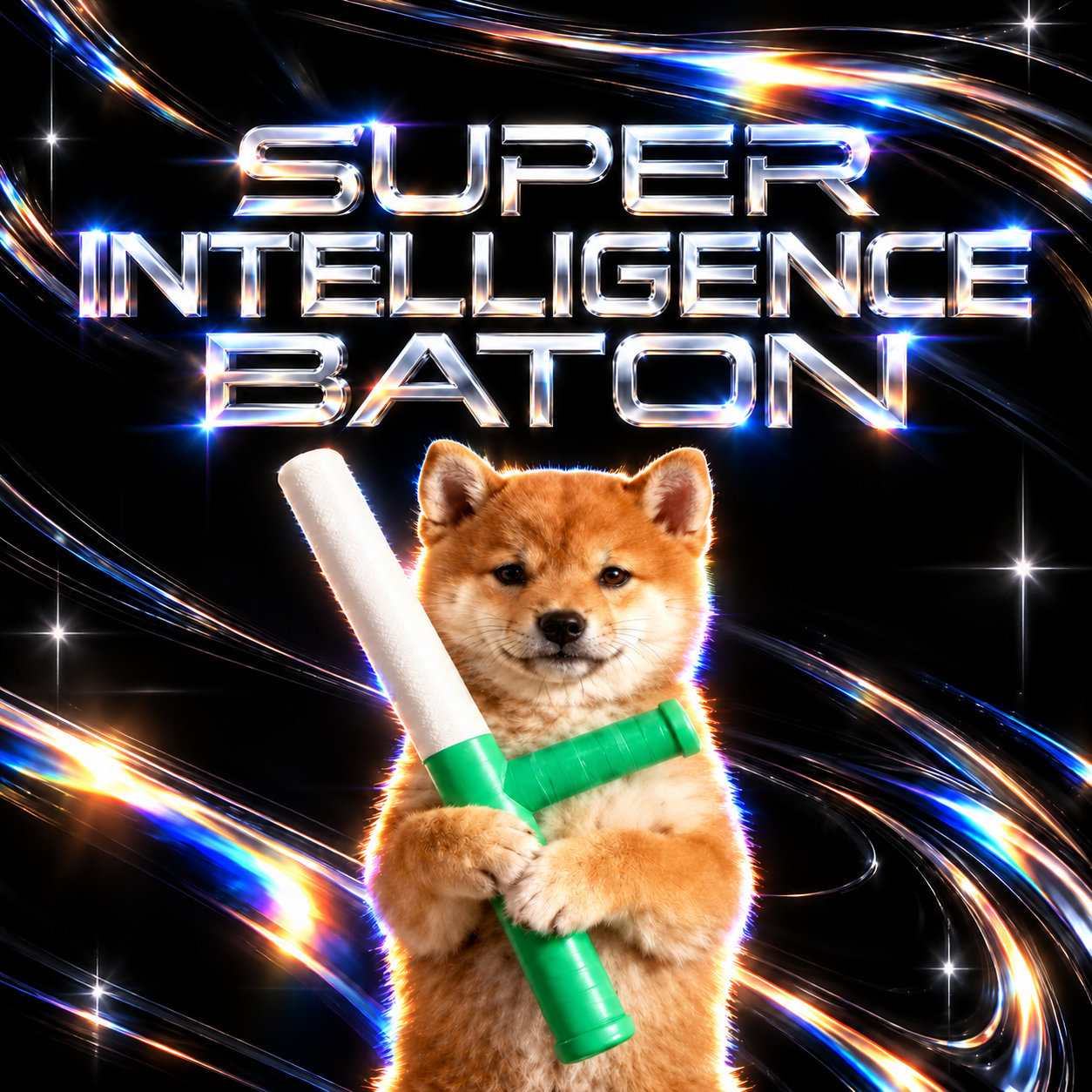 SUPER INTELLIGENCE BATON — Shiba Inu holding the green intelligence baton